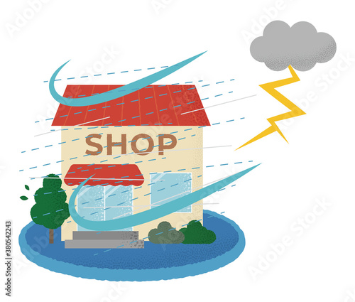雷雨の被害に遭うショップのベクターイラスト