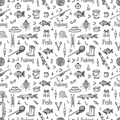 Seamless pattern set with cute hand drawn fishing icons. Vector catching fish equipment elements. Doodle illustration