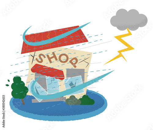 雷雨の被害に遭うショップのベクターイラスト