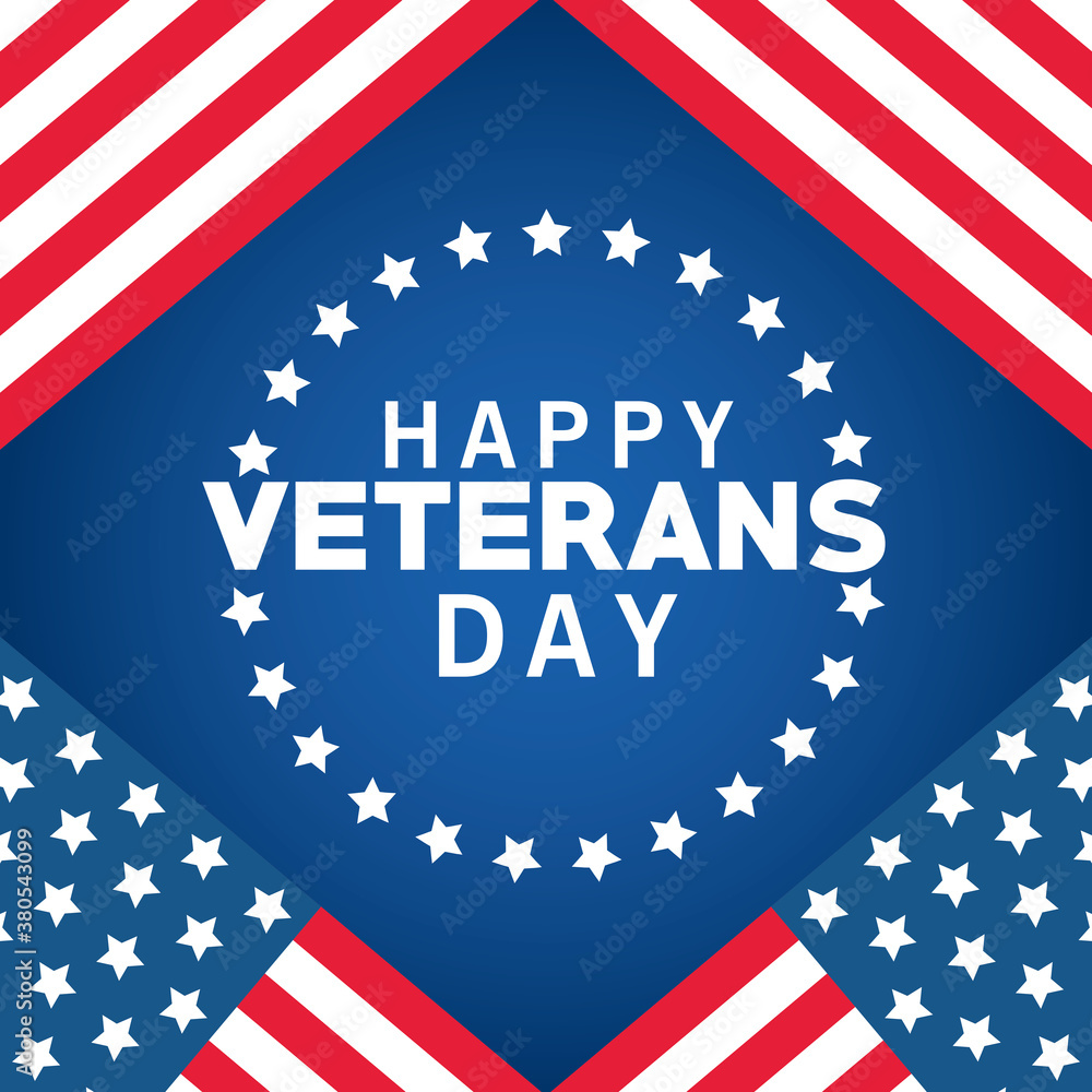 happy veterans day lettering with stars around and usa flag frame