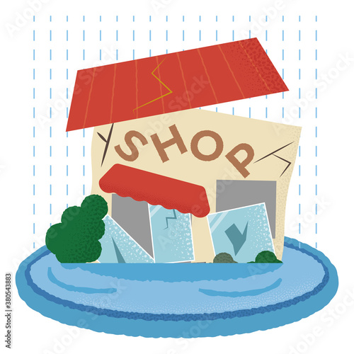 浸水の被害に遭うショップのベクターイラスト