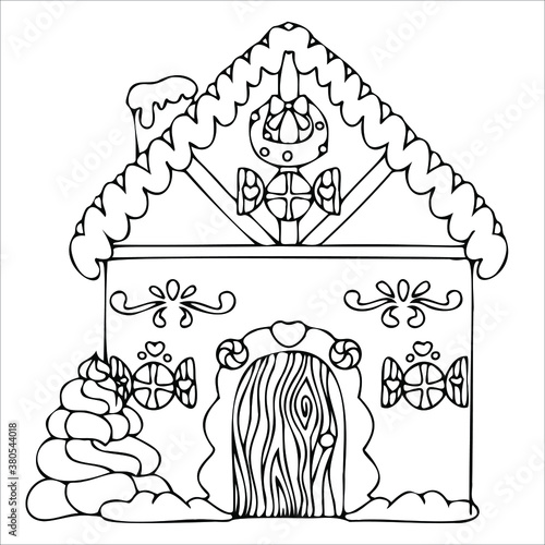 line drawn gingerbread houses, cookies, Christmas sweets and treats, gingerbread house shaped gingerbread cookies with decorations, fairy tale houses coloring book. Vector illustration