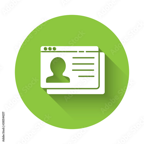 White Resume icon isolated with long shadow. CV application. Searching professional staff. Analyzing personnel resume. Green circle button. Vector.