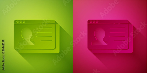 Paper cut Resume icon isolated on green and pink background. CV application. Searching professional staff. Analyzing personnel resume. Paper art style. Vector.