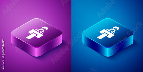 Isometric Stage stand or debate podium rostrum icon isolated on blue and purple background. Conference speech tribune. Square button. Vector.