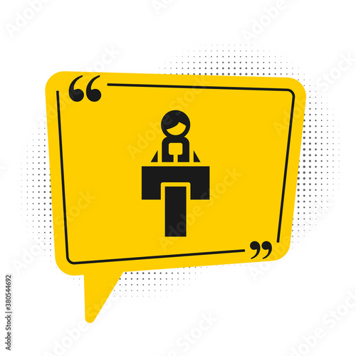 Black Stage stand or debate podium rostrum icon isolated on white background. Conference speech tribune. Yellow speech bubble symbol. Vector.