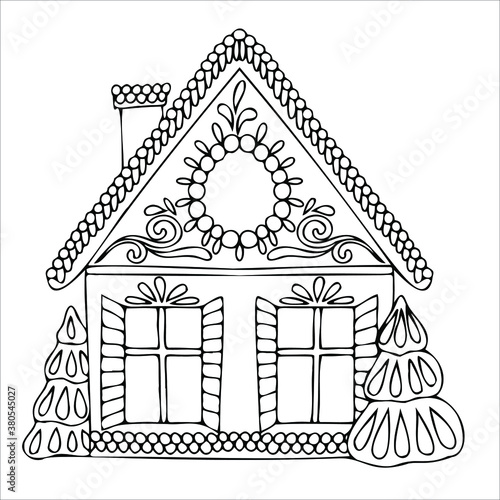 line drawn gingerbread houses, cookies, Christmas sweets and treats, gingerbread house shaped gingerbread cookies with decorations, fairy tale houses coloring book. Vector illustration