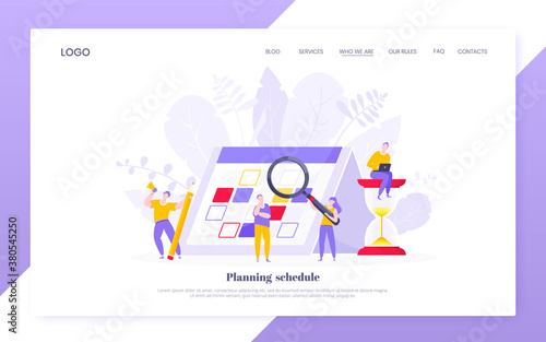 Calendar planning schedule business concept vector illustration. Tiny people with magnifier glass, big hourglass do working plan on day calendar and checks dates. Time management deadline web template