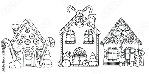 line drawn gingerbread houses, cookies, Christmas sweets and treats, gingerbread house shaped gingerbread cookies with decorations, fairy tale houses coloring book. Vector illustration