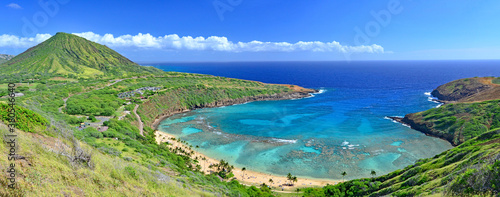 Panorama of world famous snorkeling spot at Hanauma on the island of Oahu in Hawaii photo