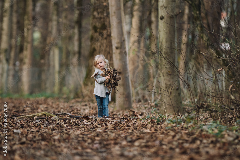 cute blonde little girl with hands full of foliage in autumnal forest cute blonde little girl with hands full of foliage in autumnal forest