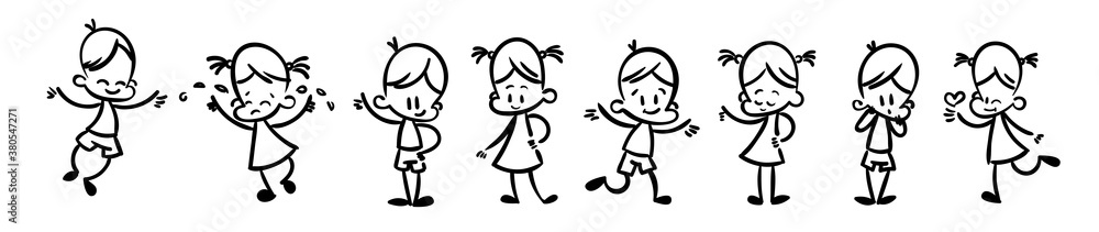 Collection of happy cartoon kids, lined hand drawn doodle outline style Collection of happy cartoon kids, lined hand drawn doodle outline style