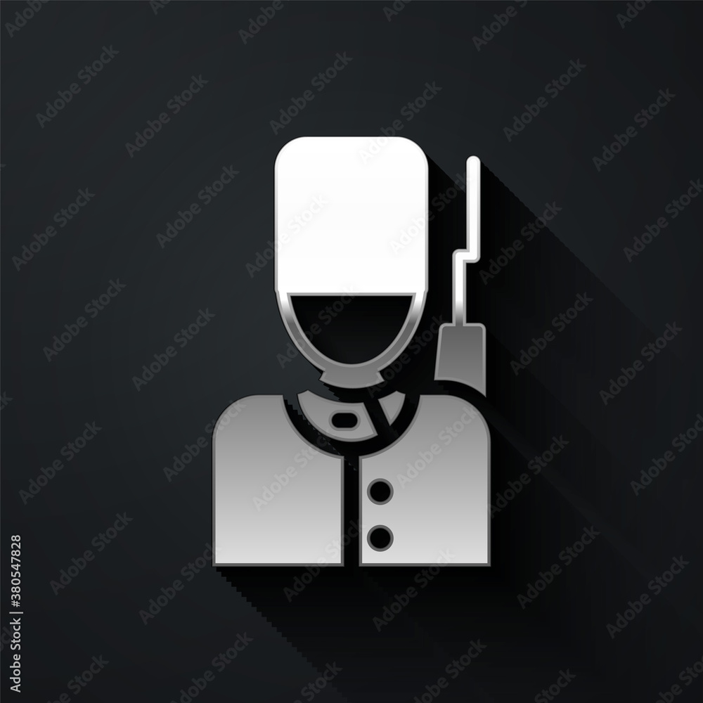 Silver British guardsman with bearskin hat marching icon isolated on black background. Long shadow style. Vector. Silver British guardsman with bearskin hat marching icon isolated on black background. Long shadow style. Vector.