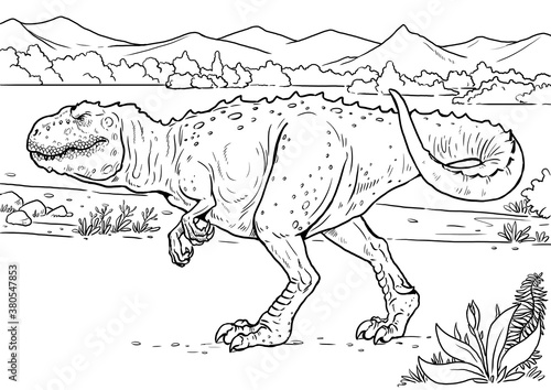 Carnivorous dinosaur - giganotosaurus.  Dino coloring page and coloring book template. photo