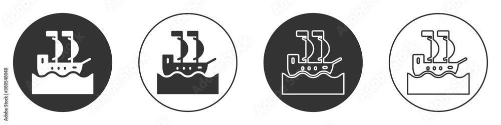 Black Sailboat or sailing ship icon isolated on white background. Sail boat marine cruise travel. Circle button. Vector.