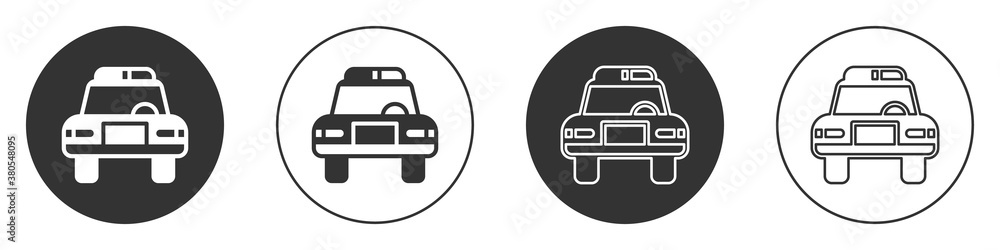 Black Police car and police flasher icon isolated on white background. Emergency flashing siren. Circle button. Vector.