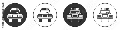 Black Police car and police flasher icon isolated on white background. Emergency flashing siren. Circle button. Vector.