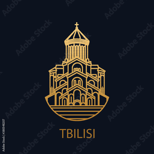 The city of Tbilisi. Vector icon of the capital of Georgia. Tsminda Sameba. Tourist attraction.