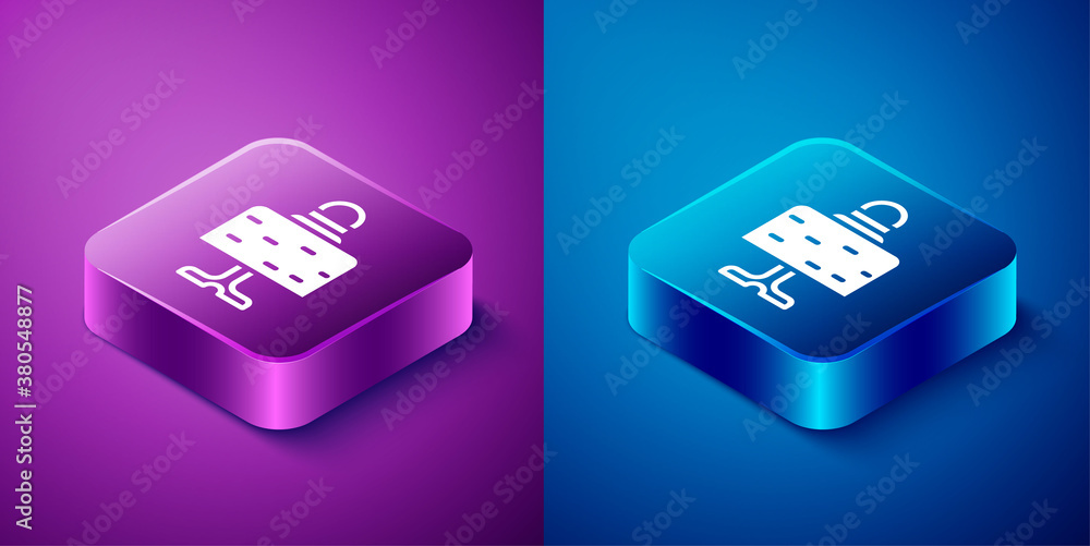 Isometric Magic ball on table icon isolated on blue and purple background. Crystal ball. Square button. Vector. Isometric Magic ball on table icon isolated on blue and purple background. Crystal ball. Square button. Vector.