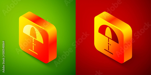 Isometric Sun protective umbrella for beach icon isolated on green and red background. Large parasol for outdoor space. Beach umbrella. Square button. Vector.