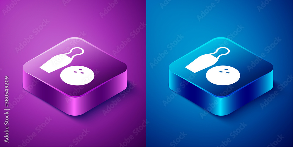 Isometric Bowling pin and ball icon isolated on blue and purple background. Sport equipment. Square button. Vector. Isometric Bowling pin and ball icon isolated on blue and purple background. Sport equipment. Square button. Vector.