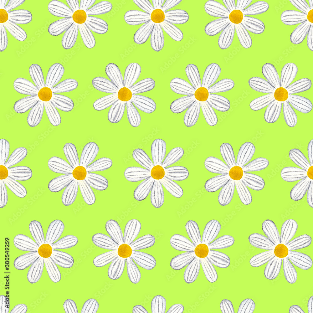 Seamless pattern with daisy on green background, hand painted watercolor illustration Seamless pattern with daisy on green background, hand painted watercolor illustration