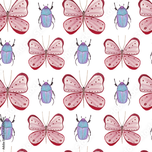 Seamless pattern with Pink butterfly and blue bug on white background, cute hand painted watercolor illustration © Oxana