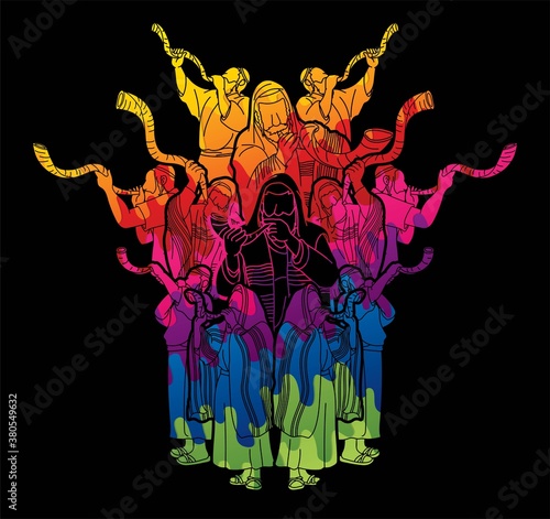 Feast of trumpets Jewish people blowing the shofar horn cartoon graphic vector