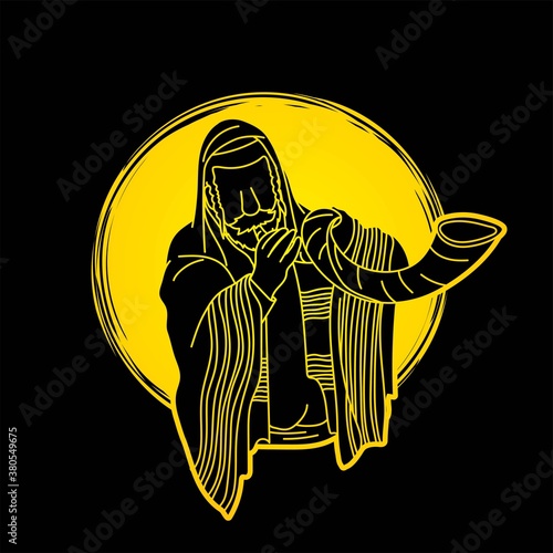 Feast of trumpets Jewish people blowing the shofar horn cartoon graphic vector
