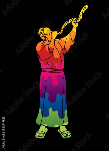 Feast of trumpets Jewish people blowing the shofar horn cartoon graphic vector