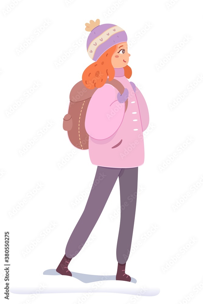 Woman standing in winter clothes outside. Happy girl in warm jacket and hat, standing in snow with backpack. Outfit for park walk vector illustration. Outdoor leisure activity Woman standing in winter clothes outside. Happy girl in warm jacket and hat, standing in snow with backpack. Outfit for park walk vector illustration. Outdoor leisure activity