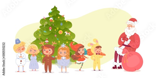 Kids in costumes at Christmas party with santa. Cute happy children wearing xmas suits vector illustration. Girls and boys dressed, santa with bag of presents, new year tree in background