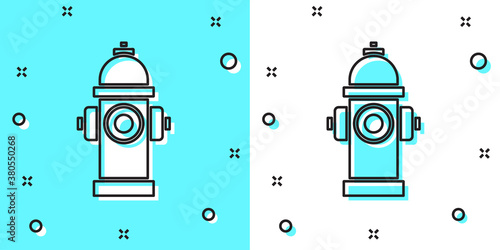Black line Fire hydrant icon isolated on green and white background. Random dynamic shapes. Vector.