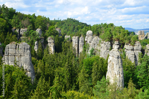 View on rocky sandstone formations in Hruba Skala, Bohemian Paradise (Cesky Raj), Czechia.