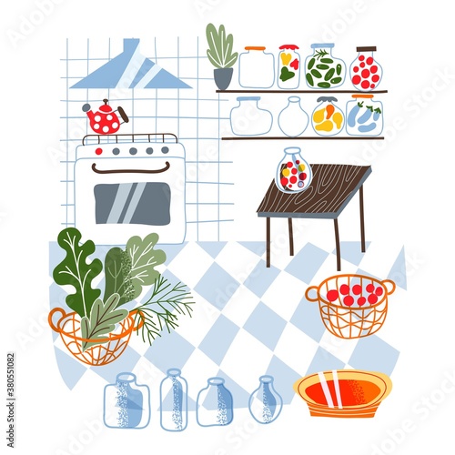 Modern vintage kitchen interior design background. Room at home for cooking. Table, floor and shelves with jars and pots of homemade vegetables, produce for preserves. Cosy area vector illustration