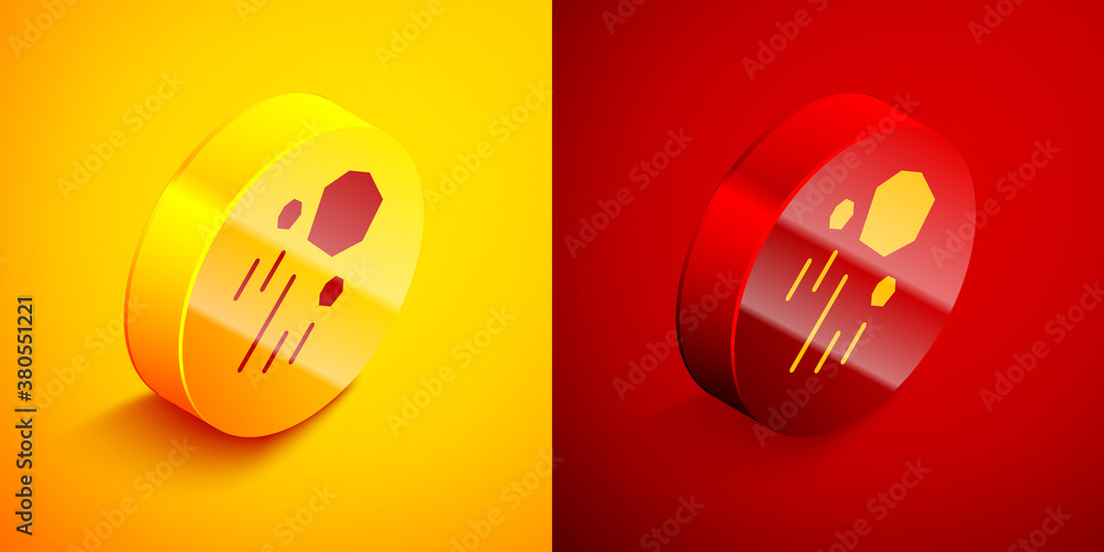 Isometric Flying stone icon isolated on orange and red background. Circle button. Vector. Isometric Flying stone icon isolated on orange and red background. Circle button. Vector.