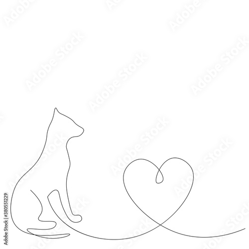 Valentine day background. Cat with heart line drawing. Vector illustration