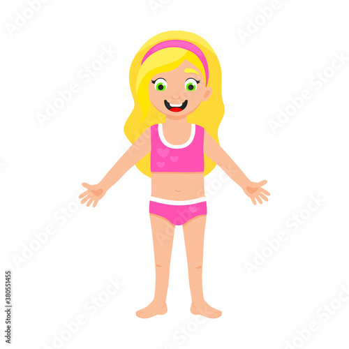 My body poster. Cute kid girl shows his body parts medical anatomy chart placard or poster flat style cartoon vector illustration isolated on white background.