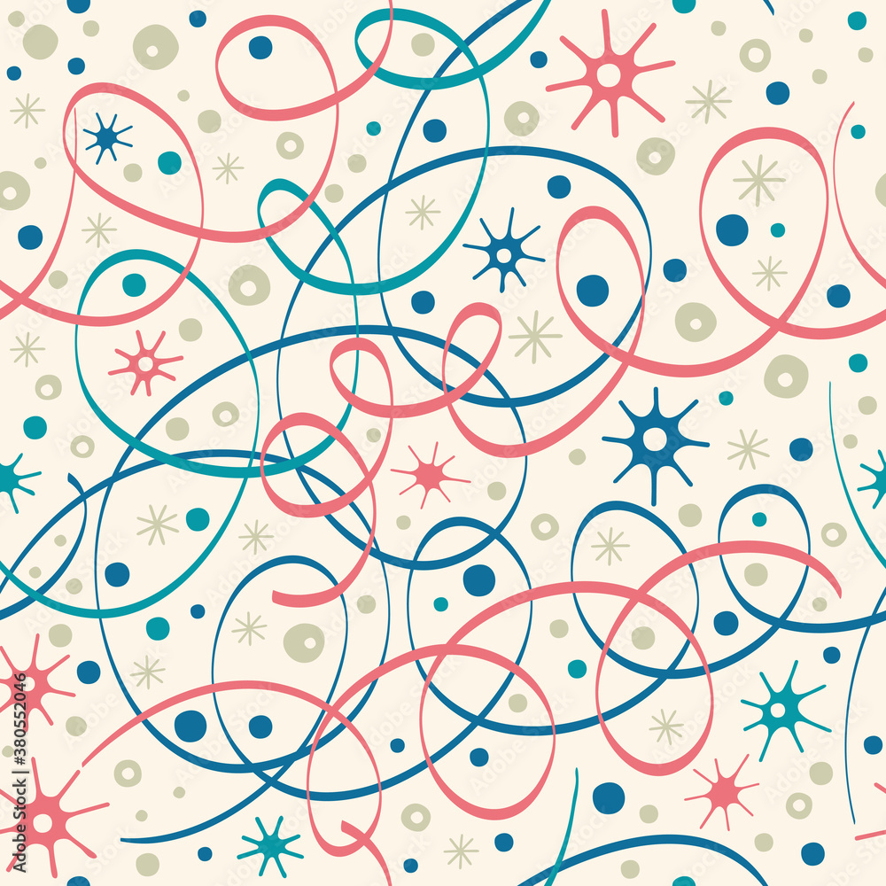 Festive background. Seamless pattern with streamer and confetti on a white background.