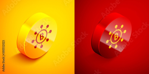Isometric Blockchain technology Bitcoin icon isolated on orange and red background. Abstract geometric block chain network technology business. Circle button. Vector.