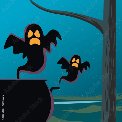 halloween witch cauldron pot with ghosts scene