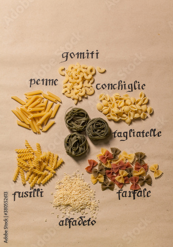 Various pasta on a paper background. photo