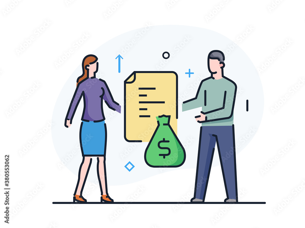 man and woman have a sum of money. Business development, milestones ...