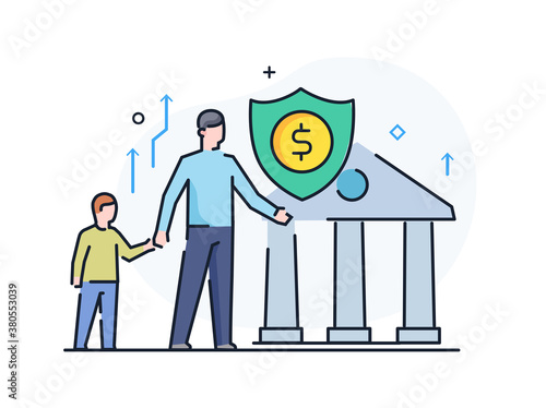 father and child receive bank assistance Business development, milestones, start-up. linear illustration Icons infographics. Landing page site print poster. Line story