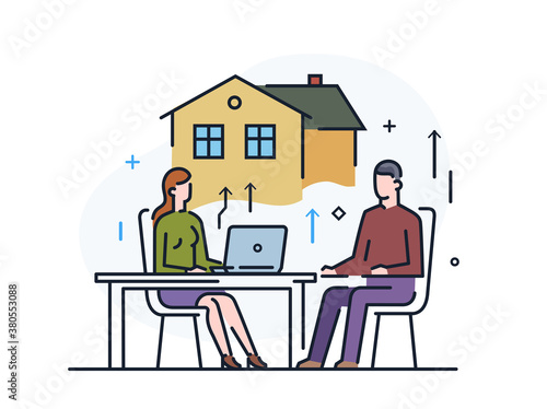 a man and a woman have a sum of money to support the house. Business development, milestones, start-up. linear illustration Icons infographics. Landing page site print poster. Line story