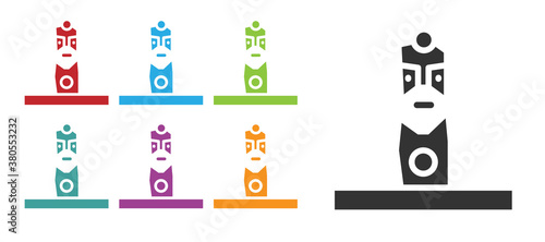 Black Slavic pagan idol icon isolated on white background. Antique ritual wooden idol. Set icons colorful. Vector.