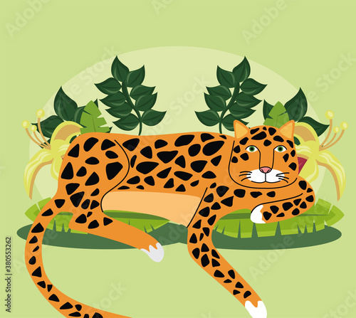 wild leopard feline animal with leafs garden scene