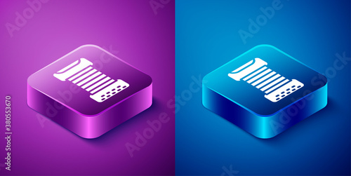 Isometric Musical instrument accordion icon isolated on blue and purple background. Classical bayan, harmonic. Square button. Vector.