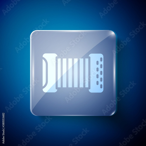 White Musical instrument accordion icon isolated on blue background. Classical bayan, harmonic. Square glass panels. Vector.