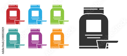 Black Sports nutrition bodybuilding proteine power drink and food icon isolated on white background. Set icons colorful. Vector.